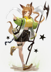 Rule 34 | 1girl, alternate costume, alternate eye color, alternate hairstyle, animal ears, arknights, axe, bag, bannouyakunta, belt pouch, black shorts, blouse, brown eyes, brown hair, brown nails, buckle, ceobe (arknights), commentary request, dog ears, dog tail, food, full body, green jacket, handbag, highres, holding, holding axe, holding polearm, holding weapon, jacket, light, light blush, long hair, long sleeves, looking at viewer, meat, open mouth, oversized clothes, pointing, pointing to the side, polearm, ponytail, pouch, print shirt, running, shirt, shoes, shorts, simple background, smile, sneakers, socks, solo, star (symbol), strap, tail, tank top, thigh strap, uwu, weapon, white background, white socks, yellow shirt