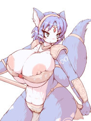 Rule 34 | alternate breast size, animal ear fluff, animal ears, armor, artist request, blue hair, breasts, cameltoe, female focus, forehead jewel, furry, furry female, green eyes, hairband, highres, huge breasts, krystal, nintendo, nipple slip, nipples, pauldrons, shoulder armor, simple background, solo, star fox, tail, thick thighs, thighs, white background