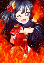Rule 34 | 1girl, ;), absurdres, artist name, artist request, band uniform, bare shoulders, belt, belt buckle, black hair, black skirt, blue hair, blush, breasts, buckle, choker, cleavage, cleavage cutout, clothing cutout, dark blue hair, dress, earrings, female focus, fingerless gloves, fire, fire, floating hair, gloves, grey eyes, grey skirt, hair ornament, hair over shoulder, highres, jewelry, just believe (love live!), long hair, looking at viewer, love live!, love live! nijigasaki high school idol club, love live! school idol festival, love live! school idol festival all stars, miniskirt, one eye closed, parted lips, pink belt, plaid, plaid dress, plaid skirt, pleated, pleated dress, pleated skirt, ponytail, red choker, red dress, red skirt, shoulder pads, side ponytail, skirt, small breasts, smile, solo, sparkle earrings, sparkle hair ornament, sparkle print, two-tone skirt, v-shaped eyebrows, white gloves, wink, yuki setsuna (love live!)
