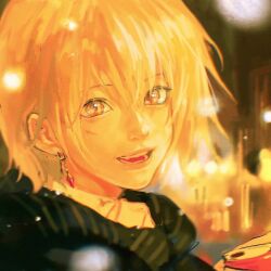 Rule 34 | 1boy, 637 00e seran, :d, black jacket, black necktie, blonde hair, blurry, blurry background, collared shirt, earrings, facial scar, formal, from side, happy, hunter x hunter, jacket, jewelry, kurapika, long sleeves, looking at viewer, looking to the side, male focus, motion blur, necktie, open mouth, portrait, red eyes, scar, scar on cheek, scar on face, scarf, shirt, short hair, smile, snowing, solo, suit, white shirt