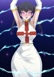 Rule 34 | 1girl, absurdres, alternate costume, arms up, black hair, blush, breasts, cameltoe, collar, corruption, covered erect nipples, curvy, dress, elbow gloves, electricity, empty eyes, en&#039;en no shouboutai, gloves, glowing, glowing eyes, hair between eyes, heavy breathing, highres, large breasts, licking lips, lips, looking at viewer, mind control, narrow waist, naughty face, navel, no0o0n0o0on, no bra, purple eyes, restrained, shiny skin, skin tight, solo, steaming body, sweat, tamaki kotatsu, thighs, tongue, tongue out, twintails, white dress, wide hips