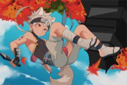 Rule 34 | 1boy, animal ears, autumn, autumn leaves, blue sky, cat ears, character request, cloud, cloudy sky, commentary request, copyright request, day, earrings, extra ears, falling leaves, full body, holding, holding weapon, ikutsuki, jewelry, kemonomimi mode, kunai, leaf, male focus, ninja, outdoors, sandals, sky, solo, tassel, tassel earrings, teeth, weapon