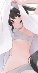 Rule 34 | 1girl, black hair, bra, breasts, commentary request, duplicate, grey bra, grey panties, highres, hiroki (yyqw7151), k-on!, long hair, looking at viewer, nakano azusa, navel, panties, parted lips, pixel-perfect duplicate, small breasts, solo, stomach, twintails, underwear, upshirt