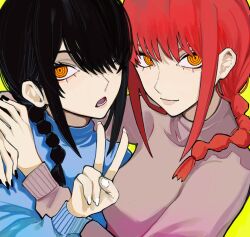 Rule 34 | 2girls, black hair, braid, braided ponytail, chainsaw man, eyelashes, hair over one eye, hug, looking at viewer, makima (chainsaw man), multiple girls, nayuta (chainsaw man), open mouth, orange eyes, red hair, ringed eyes, sailen0, simple background, smile, sweater, time paradox, upper body, v, yellow background