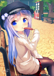 Rule 34 | 1girl, :o, bench, between legs, black hat, blue eyes, blue hair, blurry, blurry background, blush, brown pantyhose, cabbie hat, chinomaron, commentary request, day, depth of field, flower, food, gochuumon wa usagi desu ka?, hair between eyes, hair ornament, hand between legs, hat, hat flower, head tilt, highres, holding, holding food, hood, hood down, hoodie, kafuu chino, long hair, long sleeves, looking at viewer, looking to the side, nemophila (flower), on bench, outdoors, pantyhose, park bench, parted lips, pleated skirt, purple flower, red skirt, sausage, signature, sitting, skirt, sleeves past wrists, solo, twitter username, very long hair, white hoodie, x hair ornament