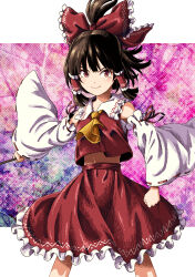 Rule 34 | 1girl, bare shoulders, black hair, bow, brown eyes, closed mouth, detached wings, feet out of frame, frilled skirt, frills, hair bow, hair tubes, hakurei reimu, highres, inuno rakugaki, japanese clothes, looking at viewer, navel, nontraditional miko, red bow, red skirt, ribbon-trimmed sleeves, ribbon trim, short hair, sidelocks, skirt, smile, solo, touhou, wide sleeves, wings
