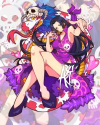 Rule 34 | 1girl, artist name, aryi077, bare shoulders, black hair, blue eyes, boa hancock, breasts, cleavage, colored sclera, colored skin, commentary, crossed legs, dress, eyelashes, forked tongue, heart, high heels, highres, large breasts, long hair, multicolored skin, one piece, pink nails, purple dress, red skin, salome (one piece), skull print, sleeveless, sleeveless dress, smile, snake, tongue, two-tone skin, white skin, yellow sclera, zoom layer