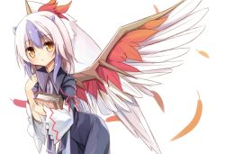Rule 34 | 1girl, bird wings, blue dress, blue hair, book, hugging book, dress, feathers, head wings, holding, holding book, hugging object, long sleeves, multicolored hair, silver hair, simple background, solo, streaked hair, tokiko (touhou), touhou, white background, wide sleeves, wings, yellow eyes, yuuhagi (amaretto-no-natsu)