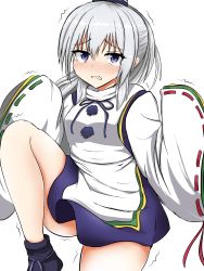 Rule 34 | 1girl, black footwear, blue eyes, blue skirt, grey hair, hat, highres, isshin (sasayamakids), japanese clothes, kariginu, long hair, long sleeves, looking at viewer, mononobe no futo, open mouth, pom pom (clothes), ponytail, ribbon-trimmed sleeves, ribbon trim, simple background, skirt, sleeves past wrists, solo, standing, standing on one leg, tate eboshi, thighs, touhou, trembling, white background, wide sleeves