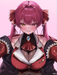 Rule 34 | 1girl, ascot, bare shoulders, blush, bodystocking, breasts, cleavage, close-up, collar, detached sleeves, frilled collar, frills, grin, hair intakes, hair ornament, hair ribbon, heterochromia, highres, hololive, houshou marine, houshou marine (1st costume), large breasts, long hair, looking at viewer, navel, open mouth, pov, red eyes, red hair, ribbon, see-through, see-through cleavage, simple background, smile, solo, teeth, twintails, upper body, virtual youtuber, wogyu, yellow eyes