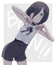 Rule 34 | 1girl, bare arms, bare shoulders, black choker, black hair, black ribbon, black shorts, blush, chainsaw man, choker, collared shirt, commentary request, dress shirt, green eyes, grey background, grin, hair between eyes, hands up, high-waist shorts, highres, leaning to the side, looking at viewer, neck ribbon, reze (chainsaw man), ribbon, shirt, short shorts, shorts, sleeveless, sleeveless shirt, smile, solo, totatokeke, two-tone background, white background, white shirt