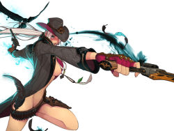 Rule 34 | 1girl, bad id, bad pixiv id, bird, blue eyes, breasts, cowboy hat, crow, dual wielding, gun, handgun, happening18, hat, holding, large breasts, long hair, nipples, open mouth, pink hair, ponytail, revolver, solo, weapon