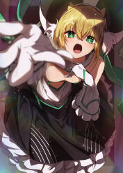 Rule 34 | + +, 1girl, absurdres, animal ears, bare shoulders, black skirt, blonde hair, blurry, blush, cat ears, commentary request, depth of field, foreshortening, frilled skirt, frills, gloves, green eyes, highres, kootee-on, looking at viewer, music, open mouth, reaching, reaching towards viewer, short hair, singing, skirt, solo, sonar clione, teeth, white gloves, yumekui merry
