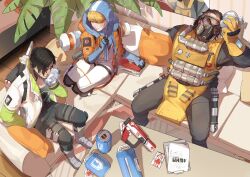 Rule 34 | 1girl, 2boys, apex legends, battery, beard, black hair, black pants, black shirt, blonde hair, blue bodysuit, blue gloves, bodysuit, bohe-menthe, brown hair, cable, caustic (apex legends), chinese commentary, covered collarbone, crypto (apex legends), facial hair, facial scar, first aid, from above, gas mask, gloves, goggles, green eyes, green vest, hair slicked back, hazmat suit, highres, ice pack, looking up, mask, multiple boys, pants, plant, poster (object), ribbed bodysuit, scar, scar on cheek, scar on face, shirt, sitting, v-shaped eyebrows, vest, wattson (apex legends), white bodysuit, white shirt, yellow gloves