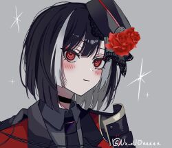 1boy armor black_choker black_hair black_hat black_necktie blunt_ends blush choker closed_mouth collared_shirt flower glint grey_background grey_hair grey_shirt hair_flower hair_ornament hat jacket japanese_armor kyogoku_masamune looking_at_viewer male_focus multicolored_hair necktie portrait red_eyes red_flower red_jacket red_rose rose shirt short_hair simple_background single_sode solo streaked_hair touken_ranbu trap twitter_username ux_xuoaaaaa