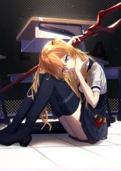 Rule 34 | 1girl, absurdres, bident, black footwear, black skirt, blue eyes, boots, closed mouth, crossover, full body, hair ornament, highres, holding, holding polearm, holding weapon, honkai (series), honkai impact 3rd, long hair, looking at viewer, neon genesis evangelion, on floor, orange hair, polearm, short sleeves, sitting, skirt, solo, souryuu asuka langley, table, thigh boots, thighhighs, weapon, zirancike