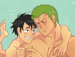 Rule 34 | 2boys, arms around neck, bara, black eyes, black hair, blush, dark-skinned male, dark skin, earrings, eye contact, facial scar, gold earrings, grabbing, green background, green hair, heart, highres, jewelry, laughing, looking at another, male focus, monkey d. luffy, multiple boys, muscular, muscular male, nude, one piece, paparatsy, pectoral grab, pectorals, roronoa zoro, scar, scar across eye, scar on cheek, scar on chest, scar on face, short hair, sideburns, size difference, smile, sound effects, toned, toned male, upper body, yaoi
