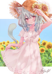 Rule 34 | 1girl, alternate costume, animal ear fluff, animal ears, armpits, arms up, bare arms, blush, bow, cat ears, cat tail, closed mouth, dress, ear ribbon, field, flower, flower field, green hair, hair ornament, hat, hat flower, hololive, looking at viewer, low twintails, moizumi shipon, red eyes, scrunchie, see-through silhouette, short dress, short hair, short sleeves, short twintails, signature, skirt hold, skull hair ornament, smile, solo, straw hat, sun hat, sunflower, sunflower field, tail, twintails, uruha rushia, virtual youtuber, white dress