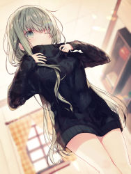 Rule 34 | 1girl, black sweater, blurry, blurry background, blush, cecilia (shiro seijo to kuro bokushi), commentary request, curtains, depth of field, dutch angle, green eyes, green hair, hands up, indoors, kazutake hazano, long hair, long sleeves, one eye closed, parted lips, shiro seijo to kuro bokushi, sleeves past wrists, solo, standing, sweater, turtleneck, turtleneck sweater, very long hair, window