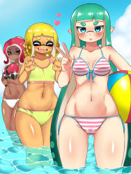 Rule 34 | 3girls, :o, agent 3 (splatoon), agent 4 (splatoon), agent 8 (splatoon), ball, beachball, bikini, blonde hair, blue eyes, blue sky, blunt bangs, breasts, claw pose, closed eyes, closed mouth, cloud, cloudy sky, commentary, dark-skinned female, dark skin, day, fang, female pervert, flat chest, front-tie bikini top, front-tie top, gluteal fold, green hair, groin, heart, highres, holding, holding ball, holding weapon, inkling, inkling girl, inkling player character, long hair, medium hair, multiple girls, navel, nintendo, octoling, octoling girl, octoling player character, octoshot (splatoon), open mouth, outdoors, penguin maru (penginmaru), pervert, pink bikini, pointy ears, red eyes, red hair, saliva, shaded face, short hair, skindentation, sky, small breasts, sparkle, splatoon (series), splatoon 2, splatoon 2: octo expansion, squidbeak splatoon, striped bikini, striped clothes, suction cups, swimsuit, tan, thighs, v-shaped eyebrows, very long hair, wading, weapon, white bikini, yellow bikini