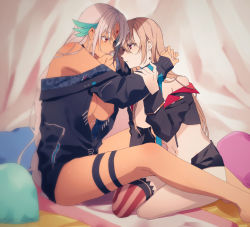 Rule 34 | 2girls, amazuki jou, arms around neck, azur lane, bed sheet, black jacket, black shorts, breasts, closed mouth, commentary, cropped jacket, dark-skinned female, dark skin, earrings, feather hair ornament, feathers, grey hair, hair down, hair ornament, half-closed eyes, highres, jacket, jean bart (azur lane), jewelry, light brown hair, long hair, long sleeves, looking at another, massachusetts (azur lane), medium breasts, micro shorts, multiple girls, navel, no bra, off shoulder, open clothes, open fly, open jacket, pillow, red eyes, red legwear, shorts, single thighhigh, sitting, striped clothes, striped thighhighs, thighhighs, vertical-striped clothes, vertical-striped thighhighs, yuri