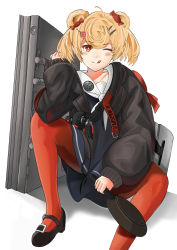 Rule 34 | 1girl, absurdres, animal ears, arknights, black footwear, black jacket, blonde hair, blush, closed mouth, double bun, full body, gummy (arknights), hair bun, hair ornament, hairclip, highres, holding, jacket, licking lips, looking at viewer, one eye closed, pantyhose, red eyes, red pantyhose, school uniform, serafuku, shoes, short hair, sitting, smile, solo, tongue, tongue out, umber00, white background