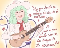 Rule 34 | 1girl, alternate costume, ascot, beamed quavers, bow, collared shirt, closed eyes, green hair, guitar, hat, hat bow, heart, heart of string, instrument, komeiji koishi, long sleeves, mefomefo, music, musical note, open mouth, playing instrument, quaver, round teeth, shirt, short hair, singing, solo, spanish text, string, teeth, third eye, touhou