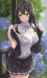 Rule 34 | 1girl, black hair, black skirt, black vest, blue flower, blue ribbon, blush, breasts, buttons, collared shirt, cowboy shot, flower, green eyes, hair between eyes, hair ornament, highres, hydrangea, kantai collection, large breasts, long hair, monoku, open clothes, open vest, oyashio (kancolle), parted lips, pleated skirt, rain, ribbon, see-through, see-through shirt, shirt, skirt, solo, vest, wet, wet clothes, wet shirt, white shirt