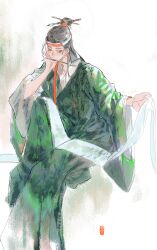 Rule 34 | 1boy, black hair, chinese clothes, clothes writing, eyeliner, feet out of frame, green robe, hair pulled back, half updo, hand on own cheek, hand on own face, hand up, hanfu, hanging scroll, head rest, highres, holding, holding scroll, knee up, long sleeves, looking at viewer, maid headdress, makeup, mouth hold, jiangnan baijingtu, outstretched arm, paintbrush, paintbrush hair ornament, red ribbon, ribbon, robe, scroll, shen zhou, sideways glance, simple background, sitting, solo, white background, wide sleeves, yinertang