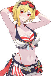 Rule 34 | 1girl, absurdres, armpits, arms behind back, arms up, belt, bikini, bikini under clothes, blonde hair, blue shorts, breasts, cleavage, closed mouth, eyewear on head, hair between eyes, highres, hitozche, hololive, hololive indonesia, hololive summer 2023 swimsuit, kaela kovalskia, large breasts, navel, open fly, red bikini, red eyes, short hair, short shorts, shorts, simple background, smile, solo, stomach, striped bikini, striped clothes, swimsuit, virtual youtuber, white background, white belt
