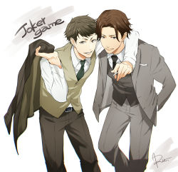 Rule 34 | 2boys, amari (joker game), arm around shoulder, bad id, bad pixiv id, belt, brown eyes, brown hair, cigarette, copyright name, from above, green necktie, grin, hand in pocket, highres, jacket, jacket over shoulder, unworn jacket, joker game, kaminaga (joker game), leaning forward, looking at viewer, male focus, multiple boys, necktie, odagiri (joker game), open clothes, open jacket, riyuta (777555333), signature, smile, waistcoat