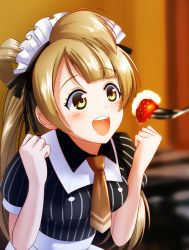 Rule 34 | 1girl, :d, black hair, blurry, blurry background, brown eyes, brown hair, brown necktie, clenched hands, commentary request, feeding, food, fruit, hair ribbon, hands up, hkn (ringya), long hair, love live!, love live! school idol project, maid, maid headdress, minami kotori, necktie, one side up, open mouth, pinstripe pattern, ribbon, smile, solo, strawberry, striped, upper body