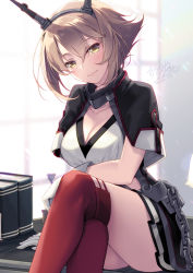 Rule 34 | 1girl, arm support, black skirt, breasts, brown hair, cleavage, closed mouth, collar, collarbone, crossed legs, desk, gloves, headgear, highres, indoors, kantai collection, large breasts, looking at viewer, metal belt, metal collar, motomiya mitsuki, mutsu (kancolle), mutsu kai ni (kancolle), on desk, pleated skirt, red thighhighs, short hair, shrug (clothing), sitting, on desk, skirt, solo, striped clothes, striped skirt, thighhighs, white gloves, yellow eyes