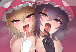 Rule 34 | 2girls, bikini, blonde hair, blush, fangs, flandre scarlet, gloves, hat, heart, heart-shaped pupils, highres, looking at viewer, menbo (ore menbou), micro bikini, multiple girls, open mouth, purple hair, red eyes, remilia scarlet, saliva, saliva trail, short hair, swimsuit, symbol-shaped pupils, tongue, tongue out, touhou