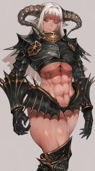 Rule 34 | 1girl, abs, absurdres, animal ears, armor, blunt bangs, breasts, closed mouth, commentary request, cowboy shot, gauntlets, grey background, groin, highres, horns, huge breasts, ibuo (ibukht1015), long hair, looking down, midriff, muscular, muscular female, navel, original, pauldrons, pink eyes, pointy ears, shoulder armor, simple background, solo, spiked armor, spikes, standing, thick eyebrows, thick thighs, thighs, tsurime, underboob, vambraces, white hair