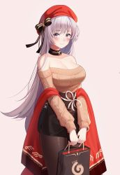 Rule 34 | 1girl, aran sweater, azur lane, bag, belfast (azur lane), belfast (shopping with the head maid) (azur lane), beret, blush, breasts, brown sweater, cable knit, choker, cleavage, collarbone, cowboy shot, earrings, hat, highres, holding, holding bag, hoop earrings, jewelry, large breasts, long hair, looking at viewer, niji (rudduf232), off-shoulder sweater, off shoulder, pantyhose, silver hair, skirt, smile, solo, standing, sweater