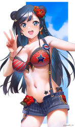 Rule 34 | 1girl, a1 (initial-g), bare shoulders, blue eyes, blue hair, blue sky, braid, breasts, collarbone, flower, front-tie top, hair flower, hair ornament, highres, large breasts, long hair, love live!, love live! nijigasaki high school idol club, navel, open clothes, open fly, open mouth, open shorts, short shorts, shorts, side braid, single braid, sky, star (symbol), unbuttoned, w, yuuki setsuna (love live!)