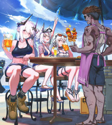 Rule 34 | 1boy, 1other, 3girls, :d, abs, absurdres, ahoge, alcohol, alternate costume, ankle boots, apron, arknights, bar stool, bare legs, bare shoulders, beer, beer mug, big bob (arknights), bike shorts, bikini, black-framed eyewear, black bikini, black choker, black hair, black legwear, black shorts, blue footwear, blue sky, blush, boots, breasts, brown eyes, brown footwear, brown hair, choker, cleavage, clothing cutout, cloud, crazy straw, cup, dark-skinned male, dark skin, day, doctor (arknights), drinking, drinking straw, drooling, earrings, eyewear on head, food, full body, gaanc 23 (tomosuge), grani (arknights), heart straw, highres, holding, holding cup, holding food, huge filesize, jewelry, large breasts, looking at viewer, medium breasts, mudrock (arknights), mug, multicolored hair, multiple girls, navel, official alternate costume, open clothes, open mouth, orca hair ornament, outdoors, peeking, pointy ears, purple apron, red eyes, sandals, see-through, shorts, shoulder tattoo, silver hair, sitting, skadi (arknights), skadi (waverider) (arknights), skewer, sky, smile, socks, sparkling eyes, sports bra, stool, sunglasses, swimsuit, tank top, tattoo, thigh strap, two-tone hair, umbrella, undercut