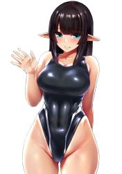 Rule 34 | 1girl, absurdres, black hair, black one-piece swimsuit, breasts, competition swimsuit, covered navel, cowboy shot, elf, green eyes, highleg, highleg swimsuit, highres, ishimiso (ishimura), large breasts, long hair, navel, one-piece swimsuit, original, pointy ears, simple background, solo, swimsuit, waving, white background