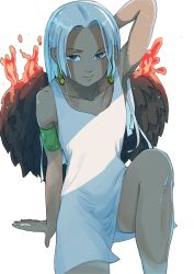 Rule 34 | 1girl, arm support, armpits, arms behind head, bare arms, bare legs, black wings, blood, blue eyes, closed mouth, collarbone, cowboy shot, crowpencil, dark-skinned female, dark skin, dress, earrings, feet out of frame, female focus, fire, flat chest, from above, green blood, half-closed eyes, jewelry, looking at viewer, medium hair, one piece, s-snake, seraphim (one piece), sidelocks, simple background, sitting, skirt drape, snake earrings, solo, star-shaped pupils, star (symbol), symbol-shaped pupils, tsurime, white background, white dress, white hair, wings