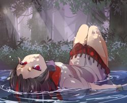 Rule 34 | 1girl, bad id, bad twitter id, black hair, bow, dress, hasebe yuusaku, horns, kijin seija, legs up, looking at viewer, lying, multicolored hair, nature, on back, open mouth, partially submerged, puffy sleeves, red eyes, red hair, short hair, short sleeves, solo, sunlight, touhou, tree, tree shade, water, white hair