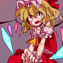 Rule 34 | 1girl, ascot, bad id, bad pixiv id, blonde hair, blouse, collared shirt, crazy eyes, embodiment of scarlet devil, fang, female focus, flandre scarlet, hair between eyes, hat, hutaba123, mob cap, red eyes, shirt, simple background, solo, touhou, white hat, white shirt, wings, wrist cuffs, yamasan