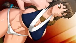 Rule 34 | 1girl, abs, arms behind back, bare arms, bare legs, braid, breasts, brown hair, cleavage, closed mouth, cowboy shot, game cg, huge breasts, indoors, legs, ling tong (sangoku hime), long hair, looking down, navel, orange eyes, panties, sangoku hime, sangoku hime 2, single braid, smile, solo, standing, thighs, toned, underwear, unicorn-a, white panties