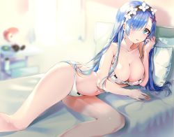 Rule 34 | 1girl, absurdres, alternate hair length, alternate hairstyle, arched back, bad id, bad pixiv id, bare shoulders, bed sheet, blue eyes, blue hair, blurry, blurry background, blush, bow, bow bra, bow panties, bra, breasts, buri (retty9349), cleavage, collarbone, curtains, day, doll, eyelashes, fingernails, hair ornament, hair over one eye, hand in own hair, highleg, highleg panties, highres, large breasts, long hair, looking at viewer, lying, on side, panties, pillow, re:zero kara hajimeru isekai seikatsu, rem (re:zero), sidelocks, solo, sunlight, thighs, underwear, very long hair, white bra, white panties, window, x hair ornament