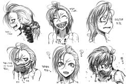 Rule 34 | 1girl, ?, ^ ^, bare shoulders, blood, blush, character sheet, clenched teeth, closed eyes, constricted pupils, covering own mouth, cyborg, expressions, fingerless gloves, gloves, greyscale, grin, hetza (hellshock), kifa (hetza), looking away, midol kuronika (hellshock), monochrome, monster girl, nagai gojitsudan no nechronica, open mouth, original, pointy ears, scar, sharp teeth, short hair, smile, sweat, sweatdrop, tank top, teeth, torn clothes, translation request, turn pale
