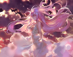 Rule 34 | 1girl, bare arms, bare shoulders, breasts, cleavage, cloud, cloudy sky, cowboy shot, dress, covered erect nipples, female focus, kishiyo, large breasts, long hair, md5 mismatch, megurine luka, pink eyes, pink hair, shirt, sky, sleeveless, sleeveless shirt, solo, standing, very long hair, vocaloid, white dress, wind