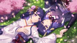 Rule 34 | 2girls, blush, bridal gauntlets, cherry blossoms, closed mouth, commentary, dm (nguyen dm95), english commentary, falling petals, flower, genshin impact, grass, hair ornament, hand on own chest, highres, holding hands, japanese clothes, kimono, long hair, long sleeves, looking at another, lying, mole, mole under eye, multiple girls, obi, obiage, obijime, on back, open mouth, petals, purple eyes, purple flower, purple hair, raiden shogun, sash, siblings, sisters, smile, spoilers, tassel, twitter username, wide sleeves