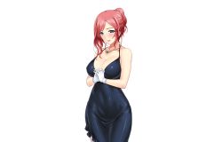 Rule 34 | 1girl, arima shiori, bare shoulders, black dress, blue eyes, blush, breasts, cleavage, covered navel, cowboy shot, dress, game cg, gloves, hair up, heartful maman, jewelry, large breasts, legs, lips, looking at viewer, necklace, onigirikun, own hands together, parted lips, red hair, red lips, smile, solo, standing, thighs, transparent background