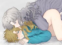 Rule 34 | 1futa, 1girl, all fours, blonde hair, blue eyes, blue shirt, blush, bottomless, ear licking, flirting, from side, frottage, futa with female, futanari, grey hair, grey shirt, highres, hug, hug from behind, kiss, licking, long sleeves, looking at another, nishiyos, on bed, profile, purple eyes, reverse:1999, shirt, steam from mouth, tongue, tongue out, turning head, vila (reverse:1999), white hair, windsong (reverse:1999), yuri