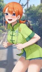 Rule 34 | 1girl, backpack, bag, blue eyes, blurry, blurry background, blush, breasts, chinese clothes, commentary request, denim, denim shorts, go-toubun no hanayome, gomashiwo o, hair tie, highres, looking at viewer, medium breasts, medium hair, nakano yotsuba, open mouth, orange hair, power lines, shorts, smile, solo, tagme, tree, twintails